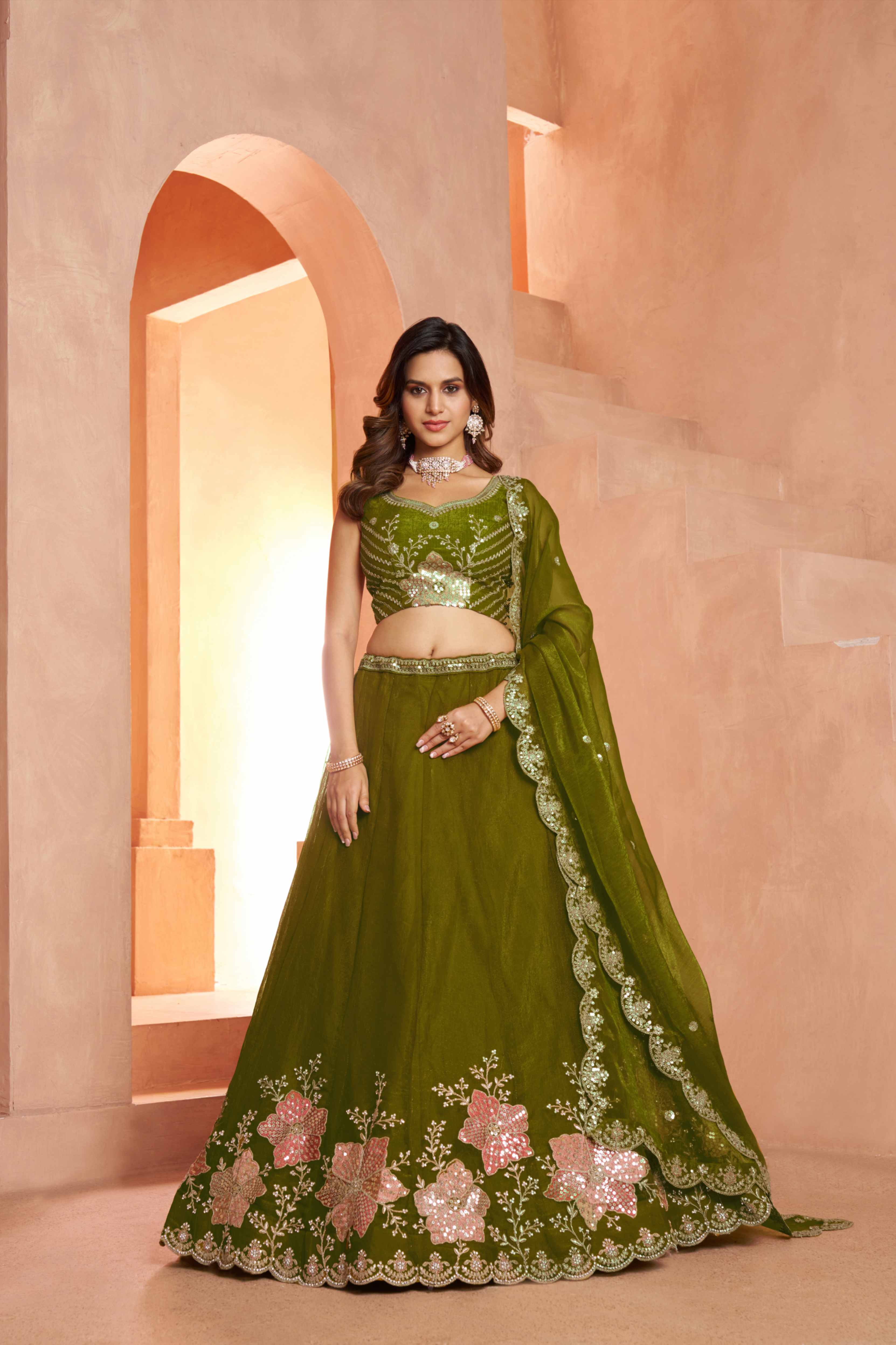 Olive Green Tissue Lehenga Choli with Floral Embroidery