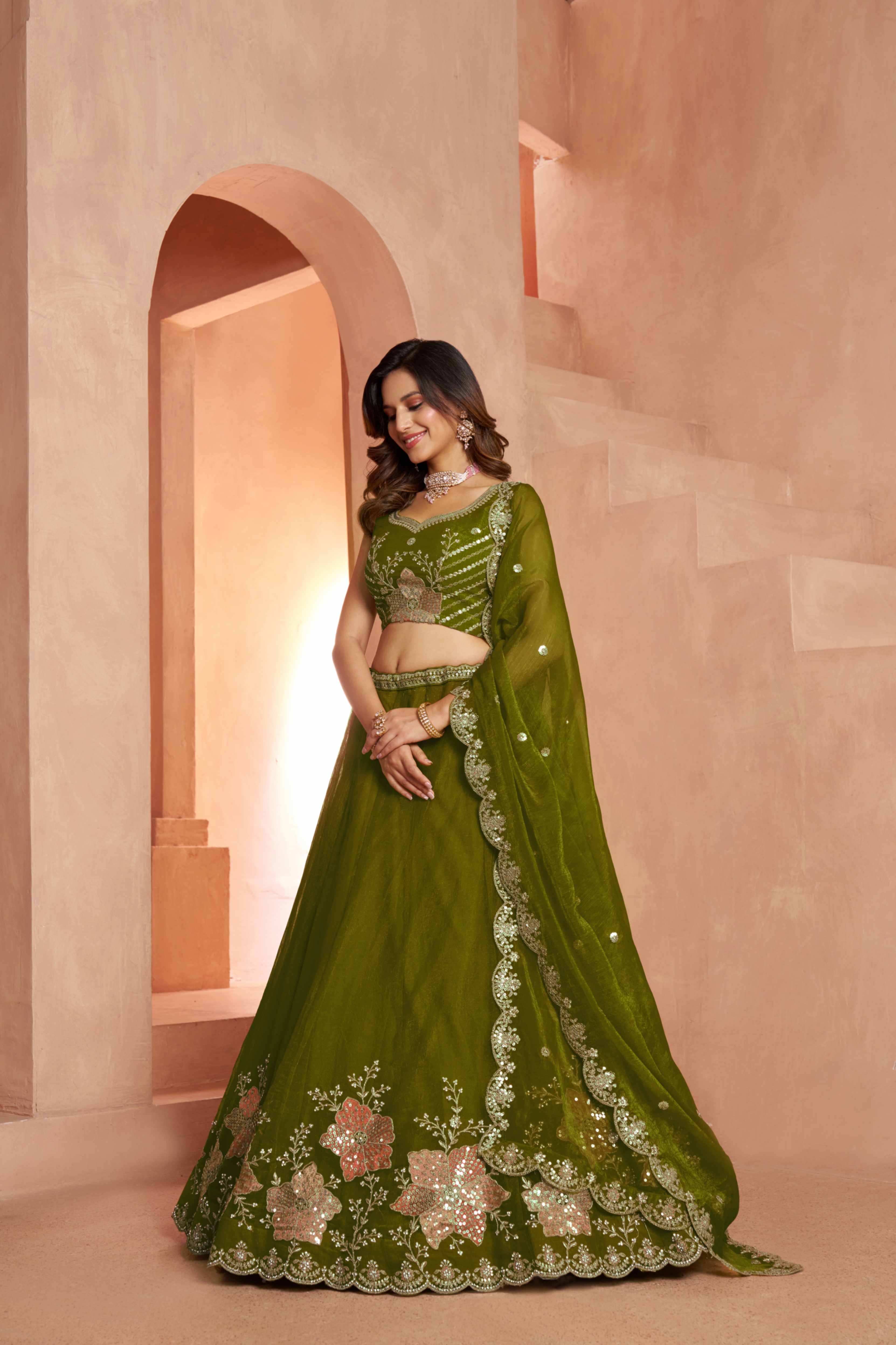 Olive Green Tissue Lehenga Choli with Floral Embroidery