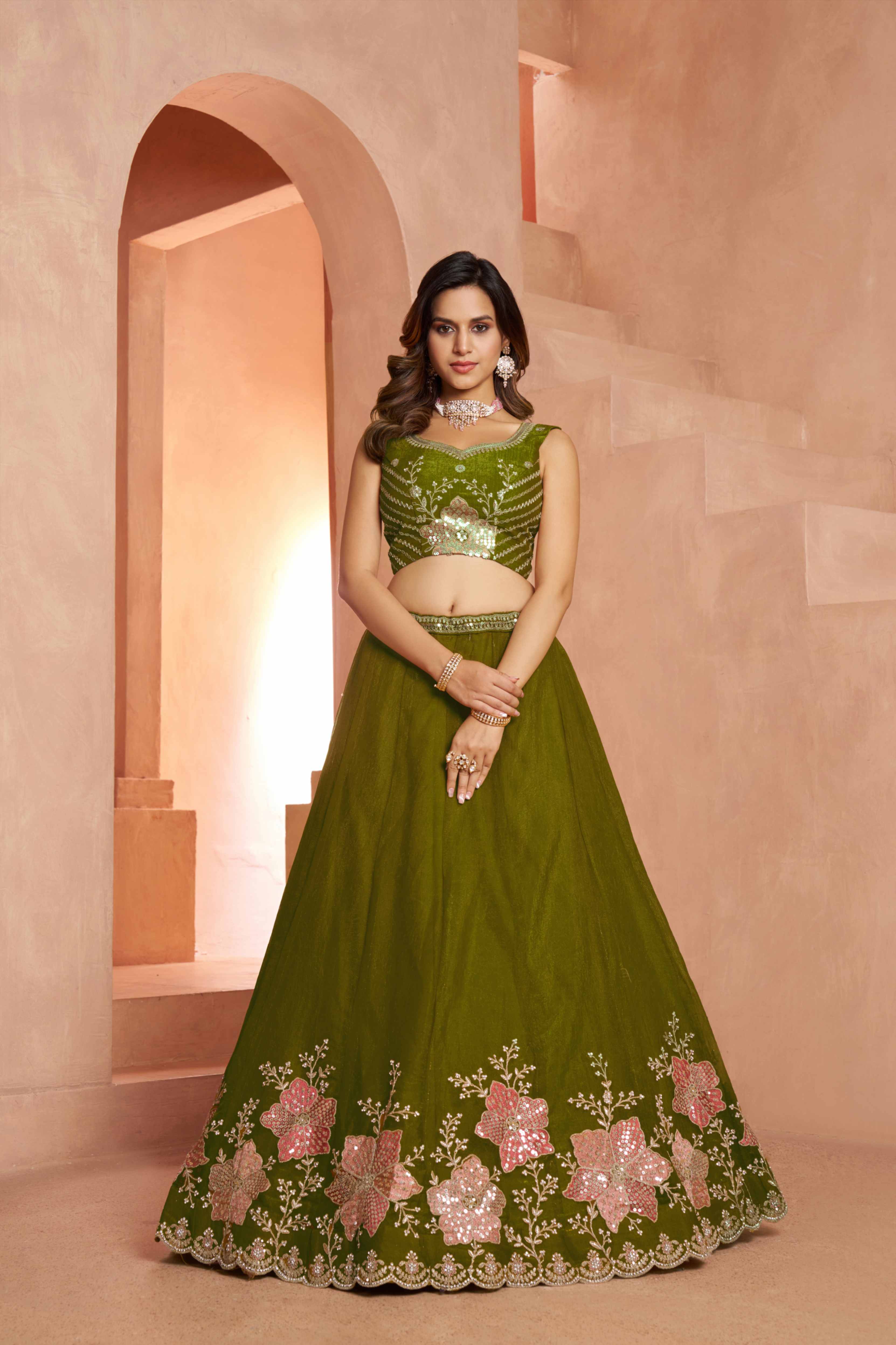 Olive Green Tissue Lehenga Choli with Floral Embroidery