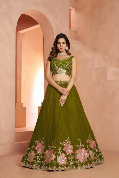 Olive Green Tissue Lehenga Choli with Floral Embroidery