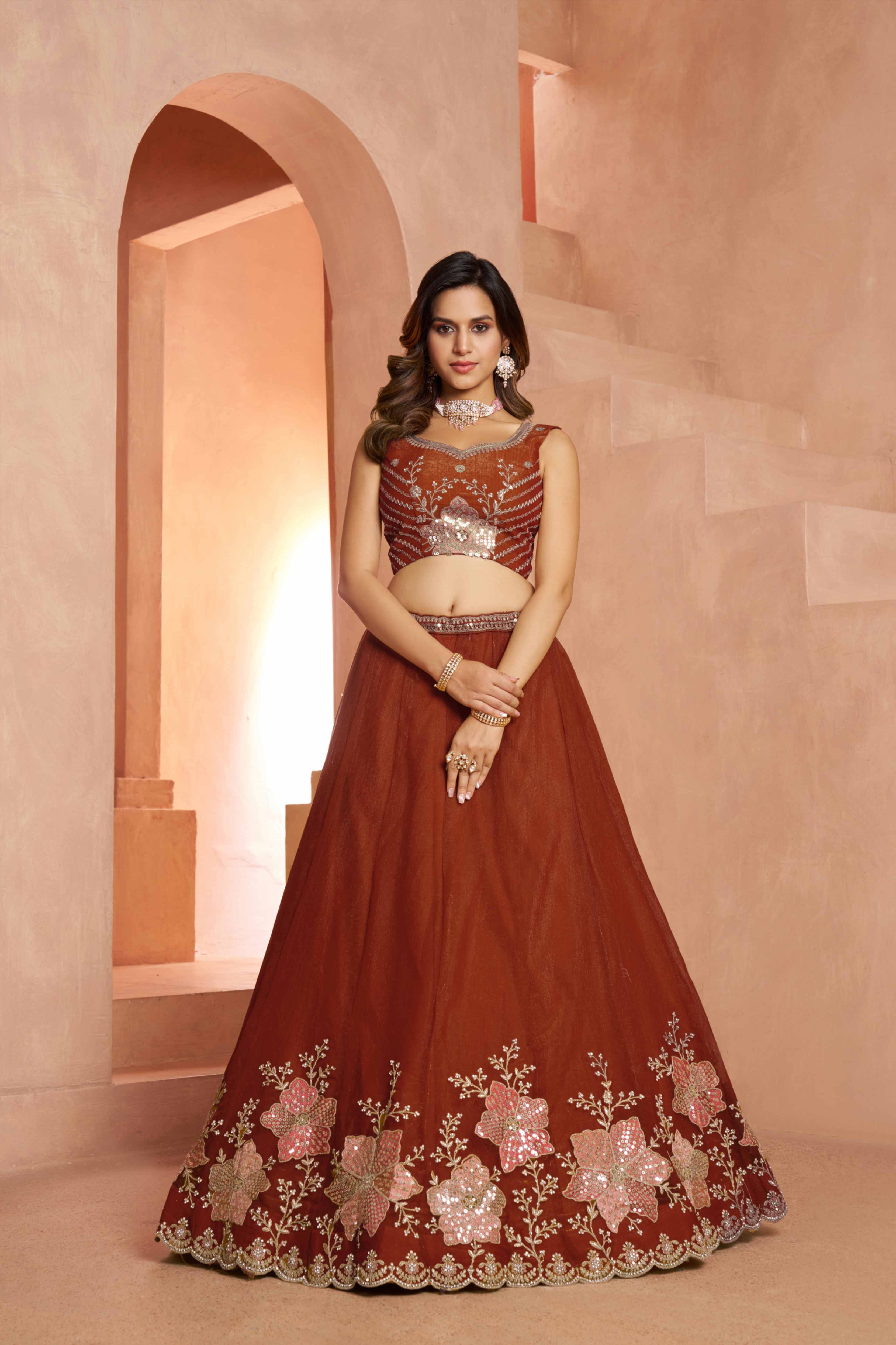 Rust Brown Tissue Lehenga Choli with Floral Embroidery