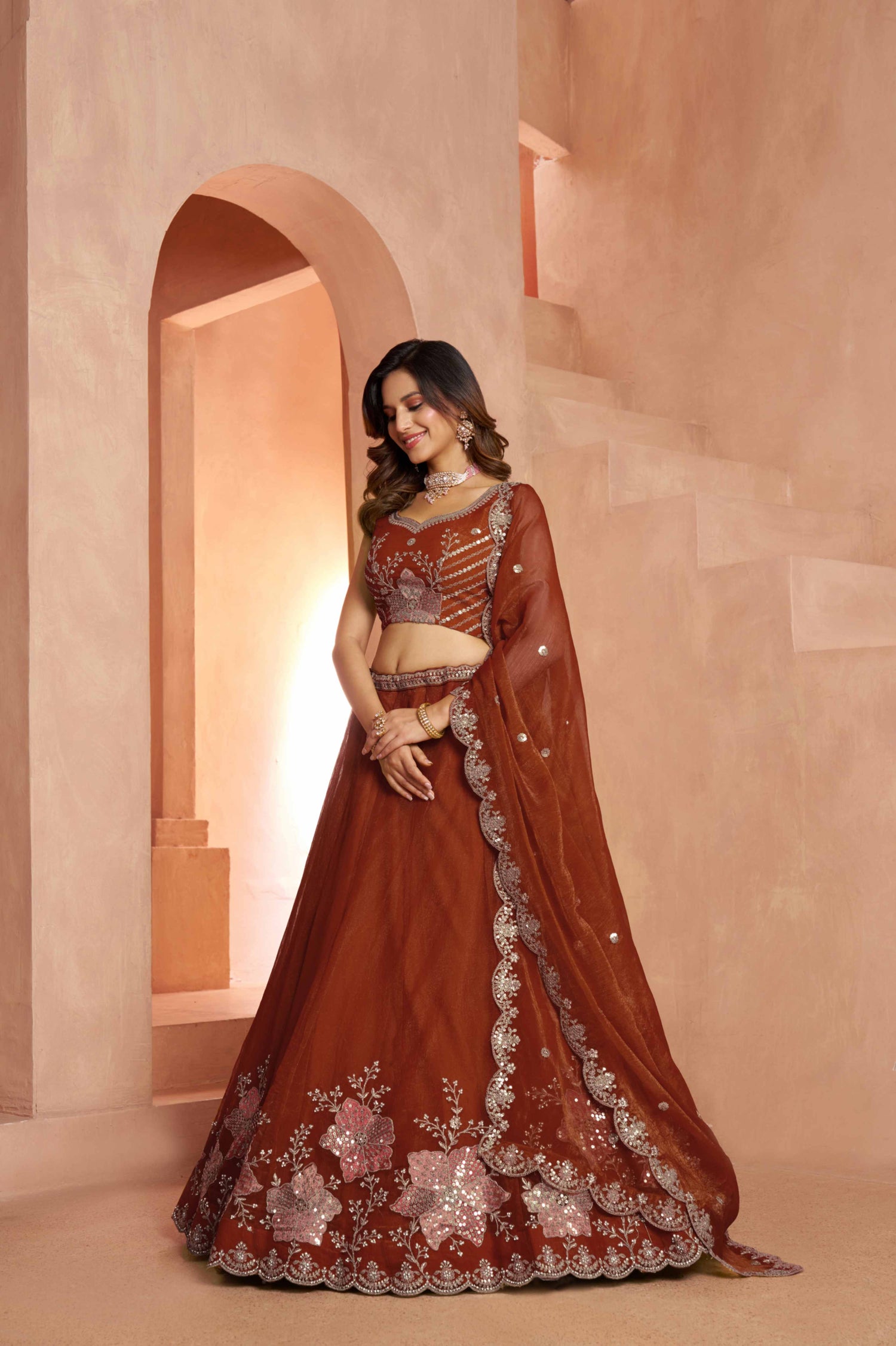 Rust Brown Tissue Lehenga Choli with Floral Embroidery
