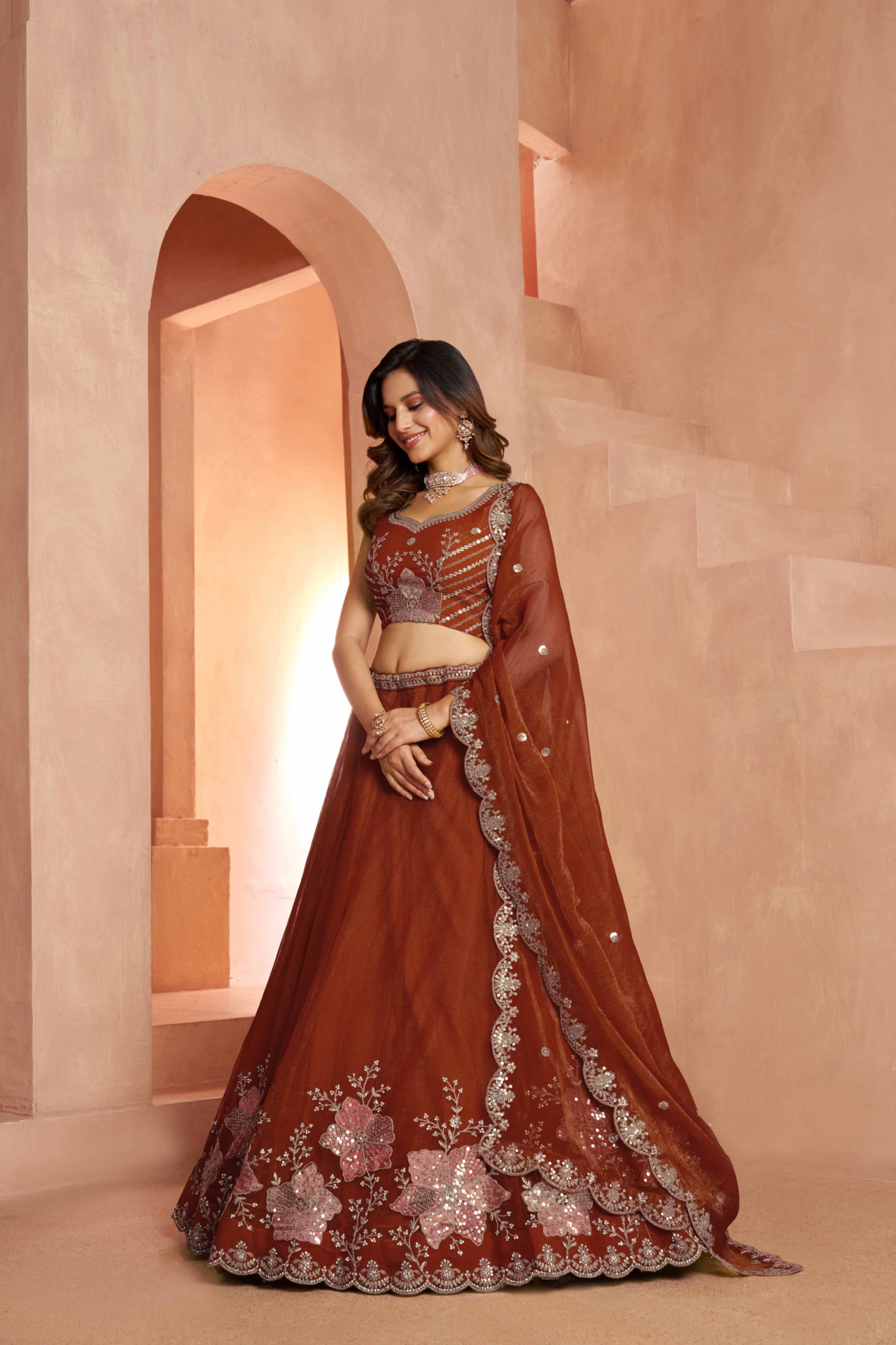 Rust Brown Tissue Lehenga Choli with Floral Embroidery