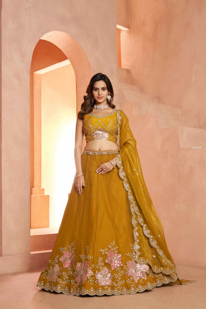 Yellow Tissue Lehenga Choli with Floral Embroidery