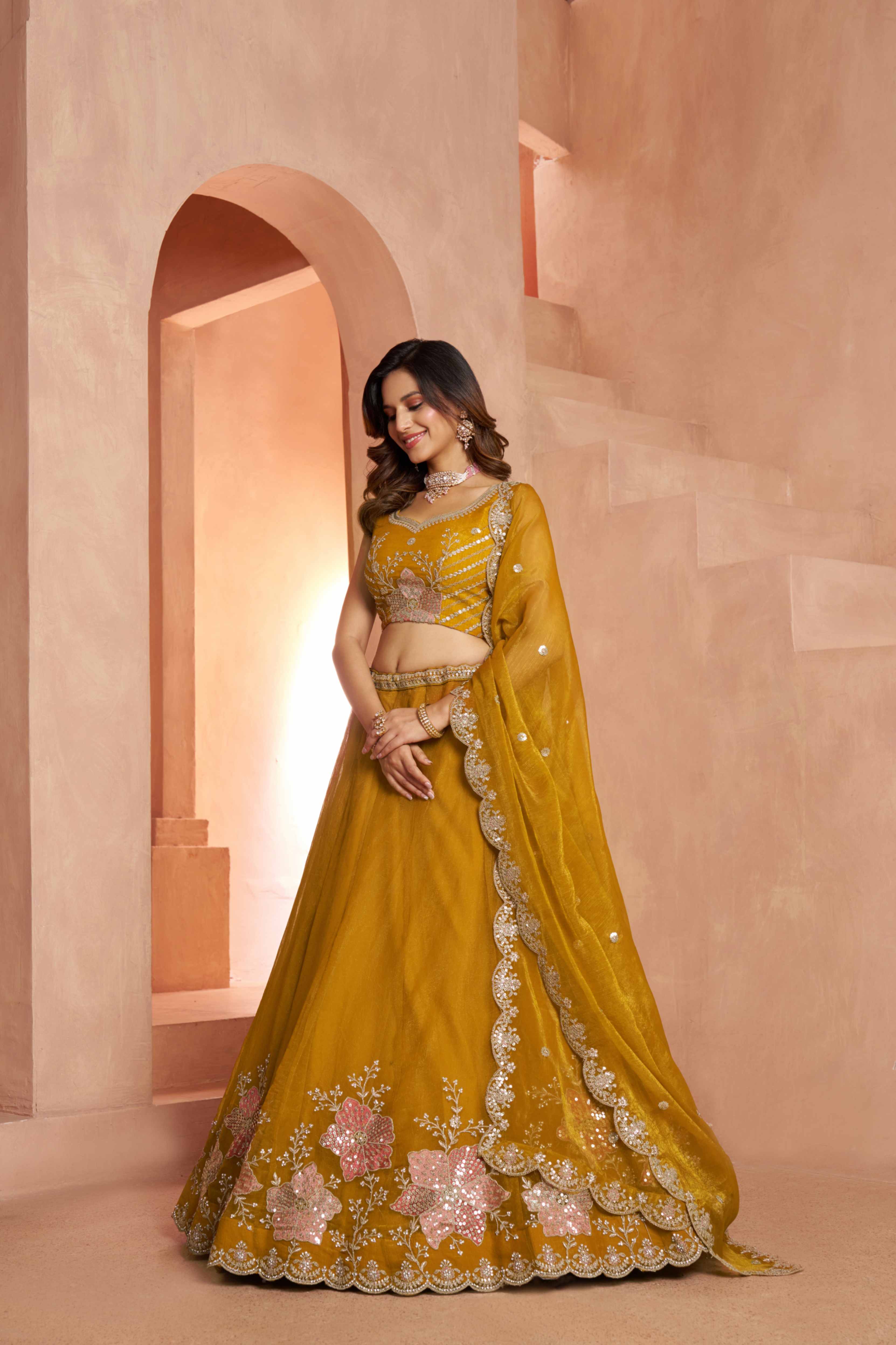 Yellow Tissue Lehenga Choli with Floral Embroidery