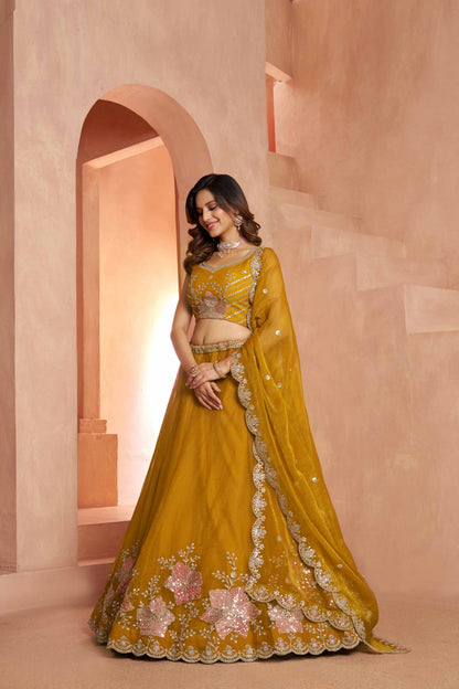 Yellow Tissue Lehenga Choli with Floral Embroidery