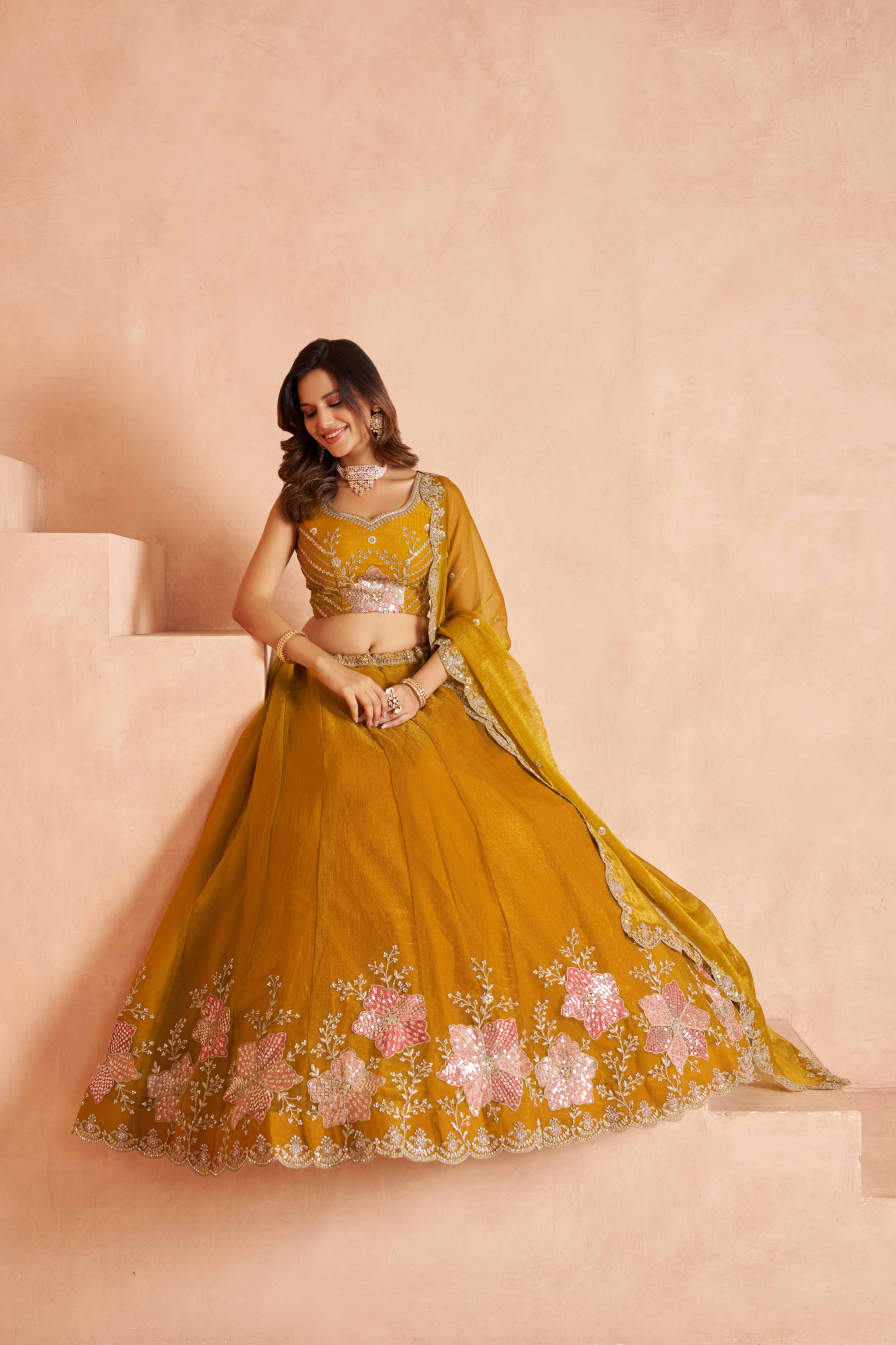 Yellow Tissue Lehenga Choli with Floral Embroidery