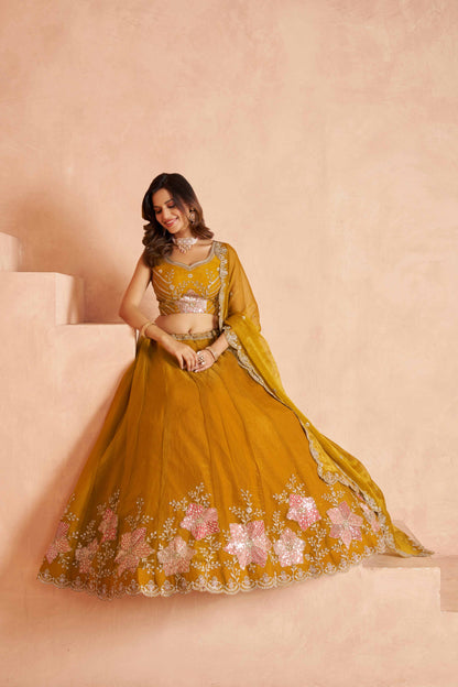 Yellow Tissue Lehenga Choli with Floral Embroidery