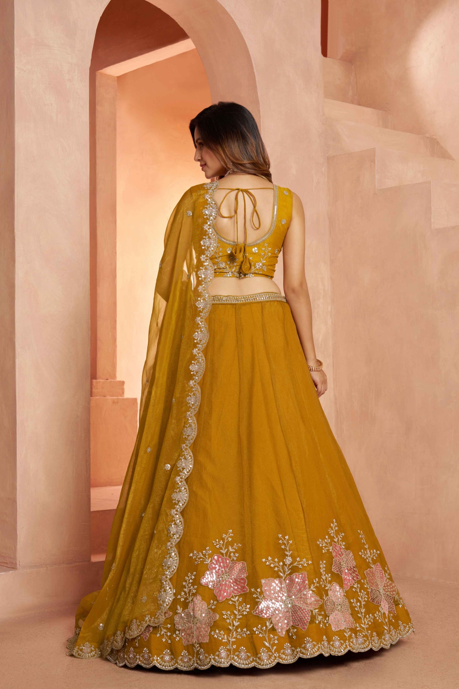 Yellow Tissue Lehenga Choli with Floral Embroidery