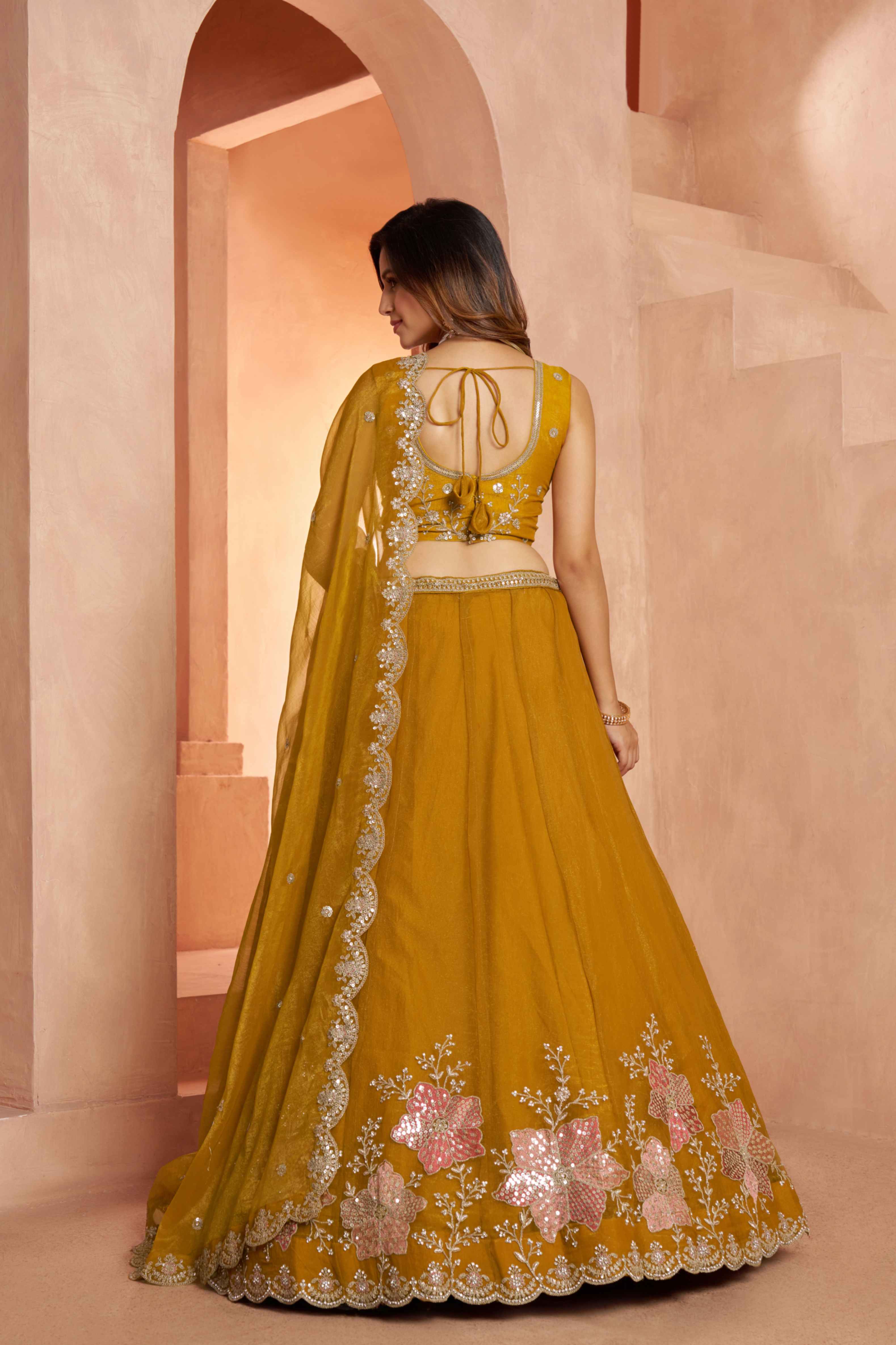Yellow Tissue Lehenga Choli with Floral Embroidery