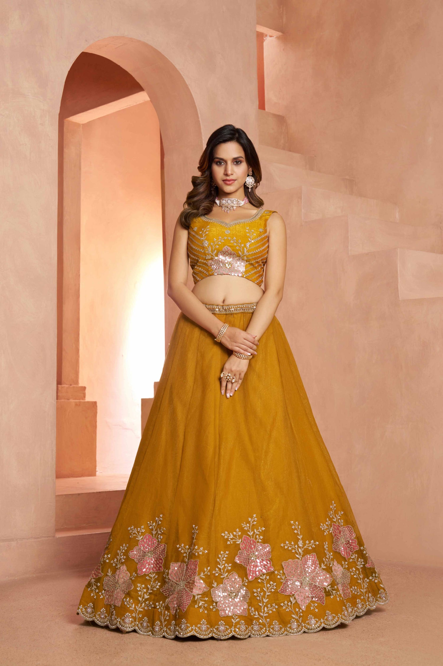 Yellow Tissue Lehenga Choli with Floral Embroidery