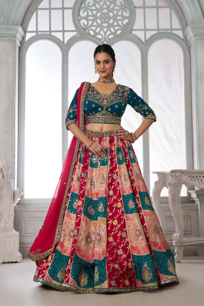 Teal Blue Red Chinon Silk Embroidered Lehenga Choli