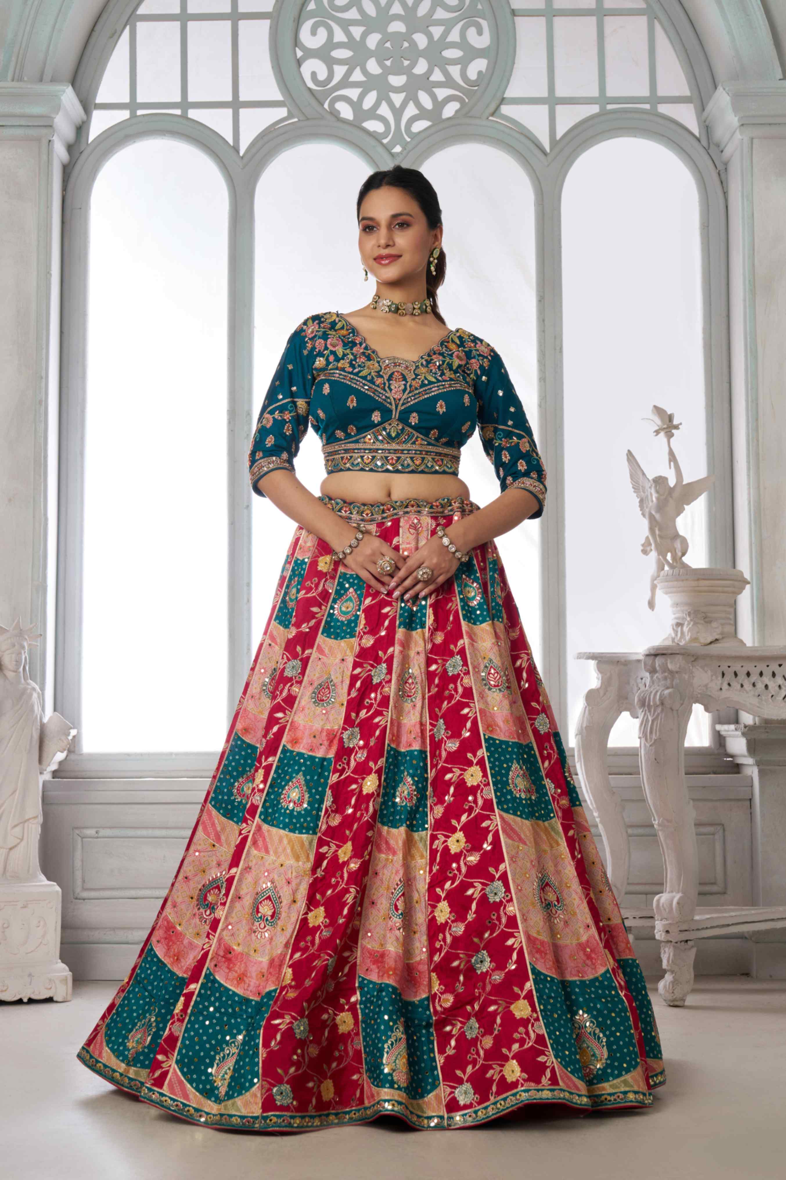 Teal Blue Red Chinon Silk Embroidered Lehenga Choli