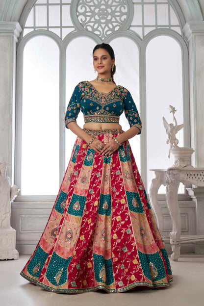 Teal Blue Red Chinon Silk Embroidered Lehenga Choli