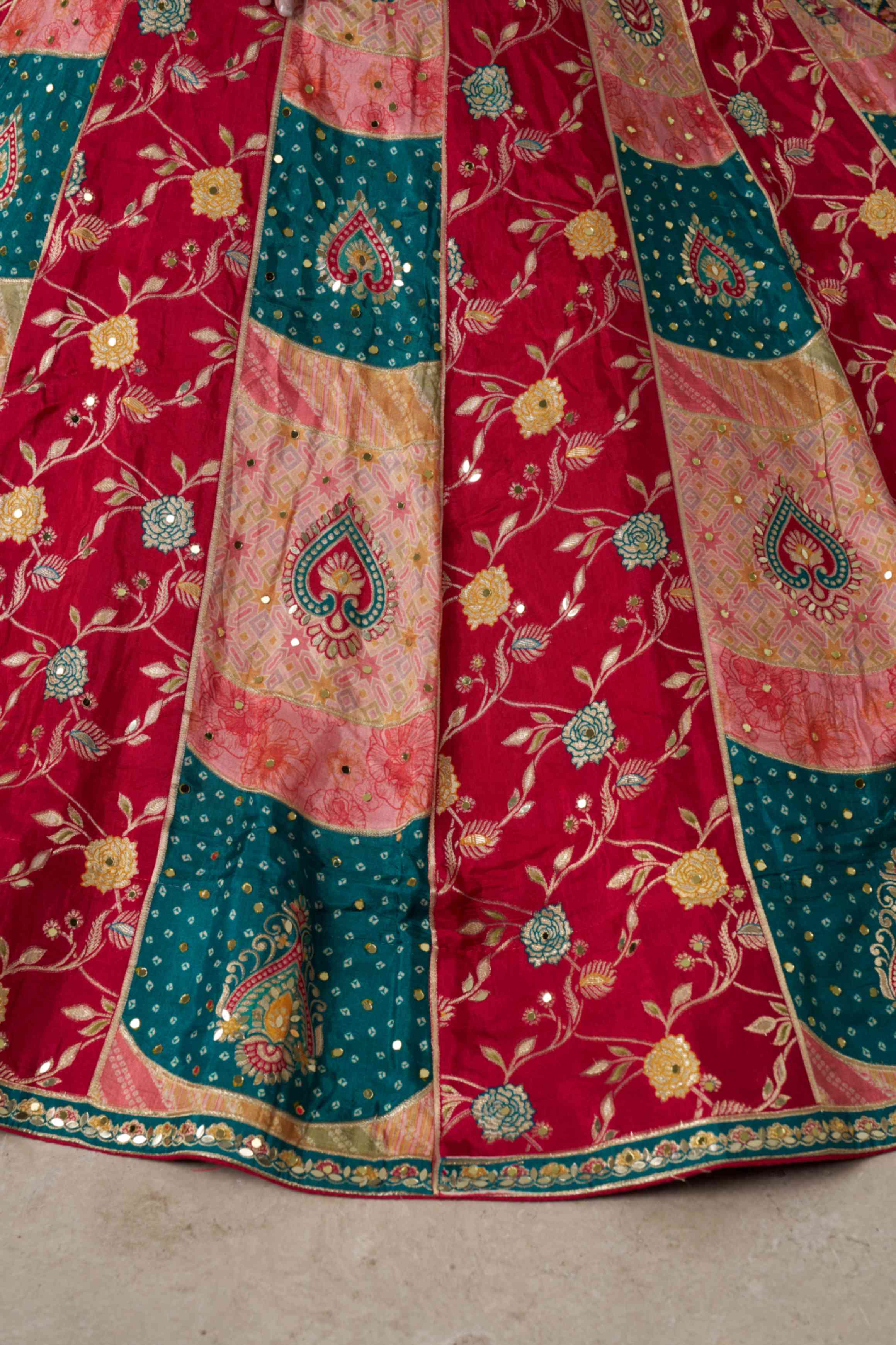 Teal Blue Red Chinon Silk Embroidered Lehenga Choli