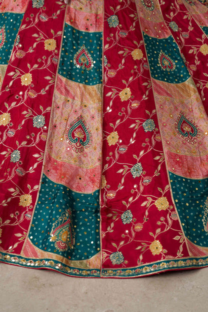 Teal Blue Red Chinon Silk Embroidered Lehenga Choli