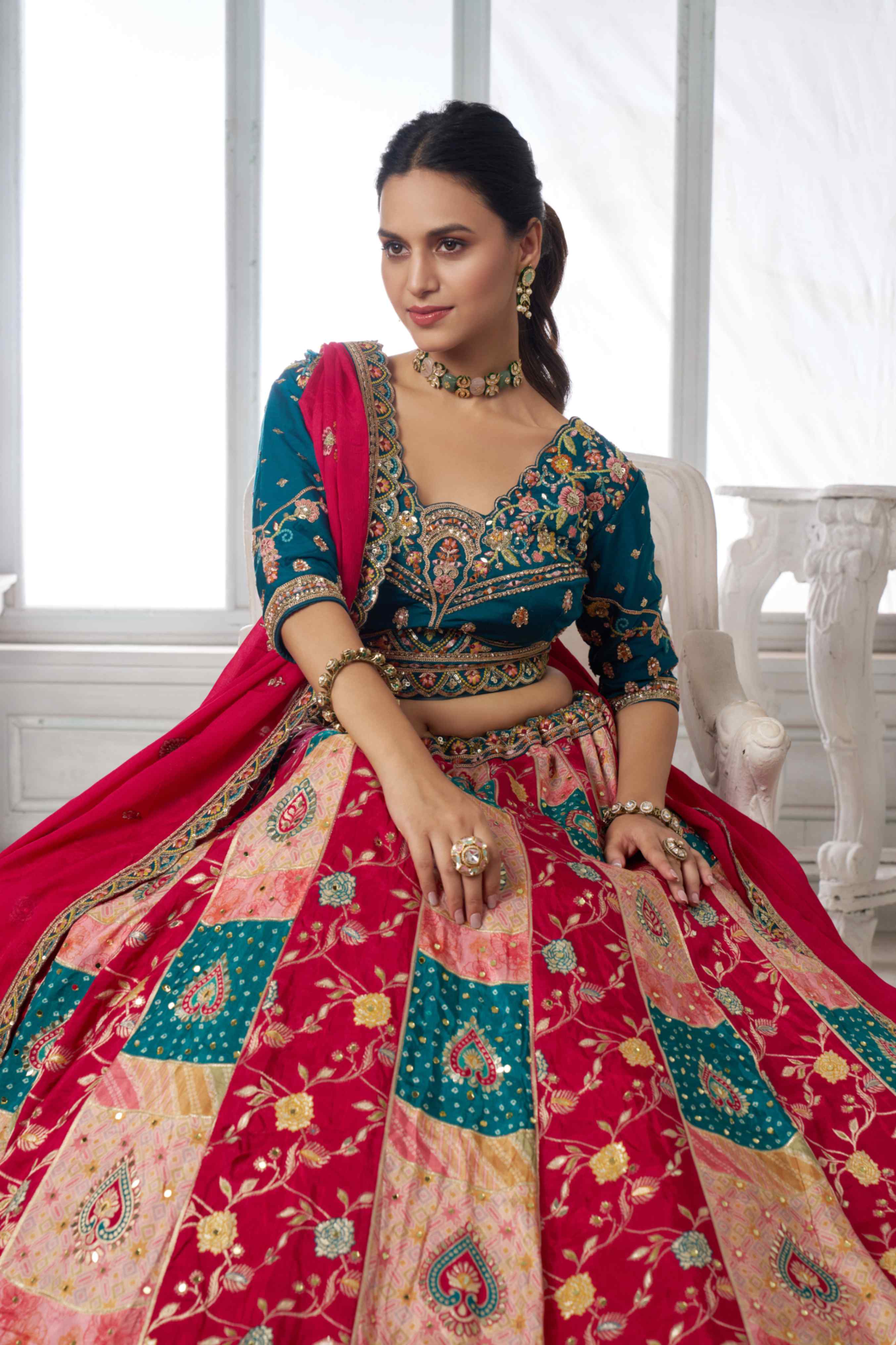 Teal Blue Red Chinon Silk Embroidered Lehenga Choli