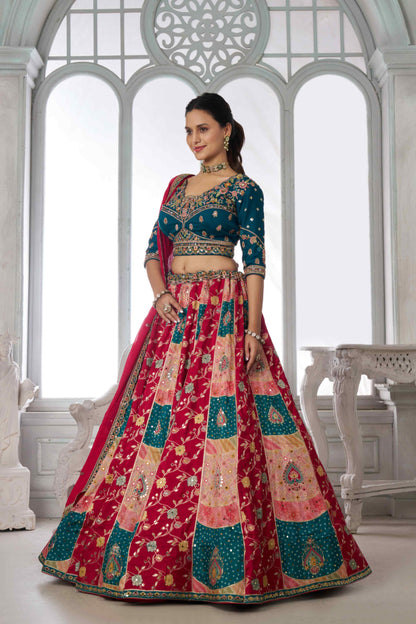 Teal Blue Red Chinon Silk Embroidered Lehenga Choli