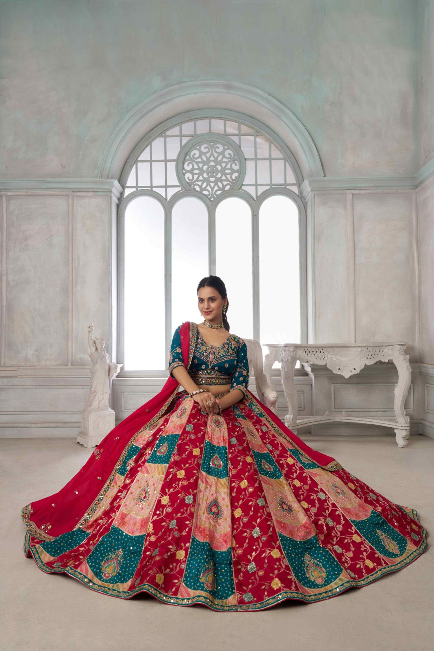 Teal Blue Red Chinon Silk Embroidered Lehenga Choli