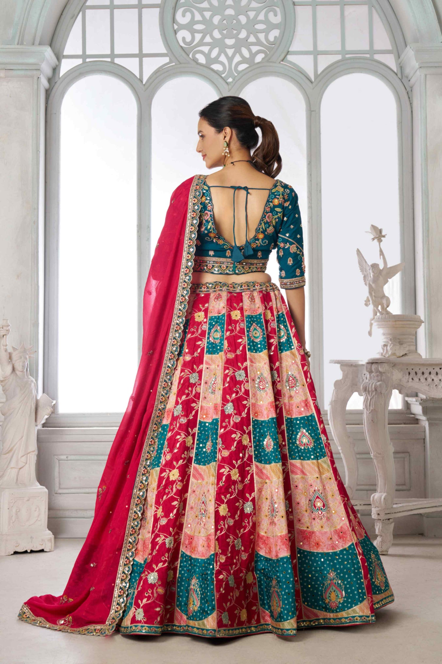 Teal Blue Red Chinon Silk Embroidered Lehenga Choli