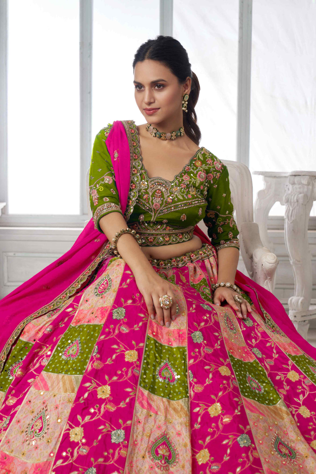 Green Pink Chinon Silk Embroidered Lehenga Choli
