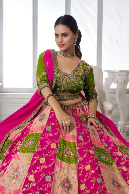 Green Pink Chinon Silk Embroidered Lehenga Choli