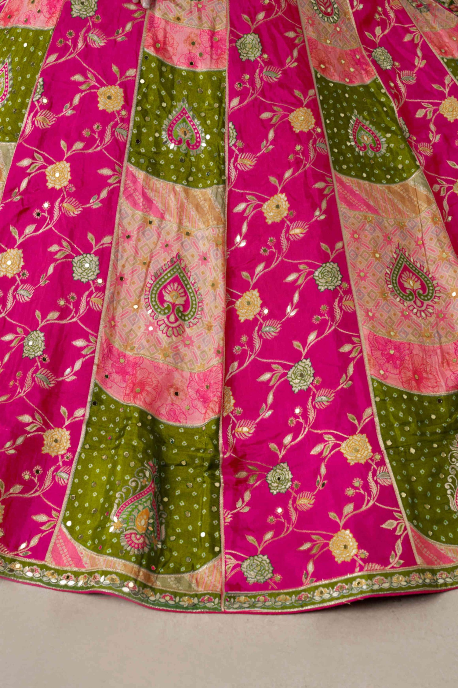 Green Pink Chinon Silk Embroidered Lehenga Choli