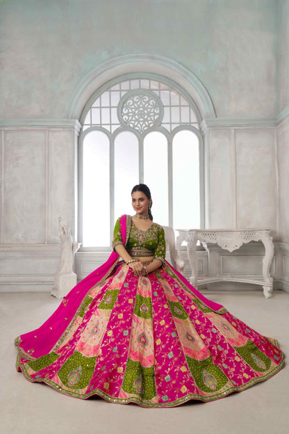 Green Pink Chinon Silk Embroidered Lehenga Choli