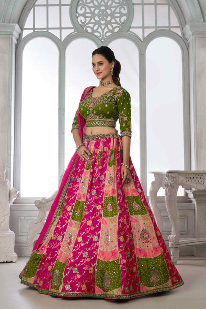 Green Pink Chinon Silk Embroidered Lehenga Choli