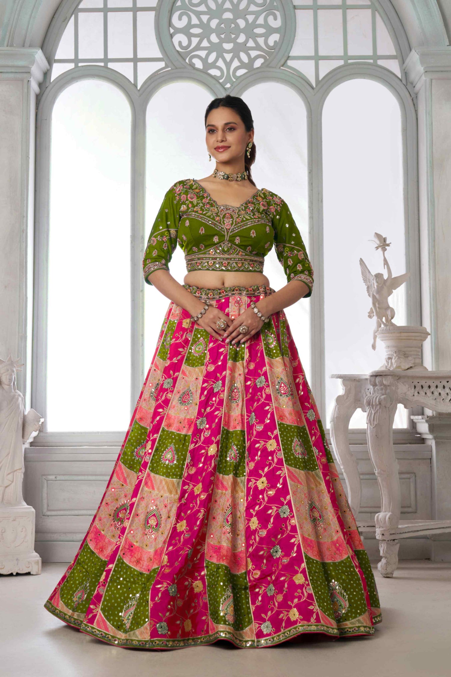 Green Pink Chinon Silk Embroidered Lehenga Choli
