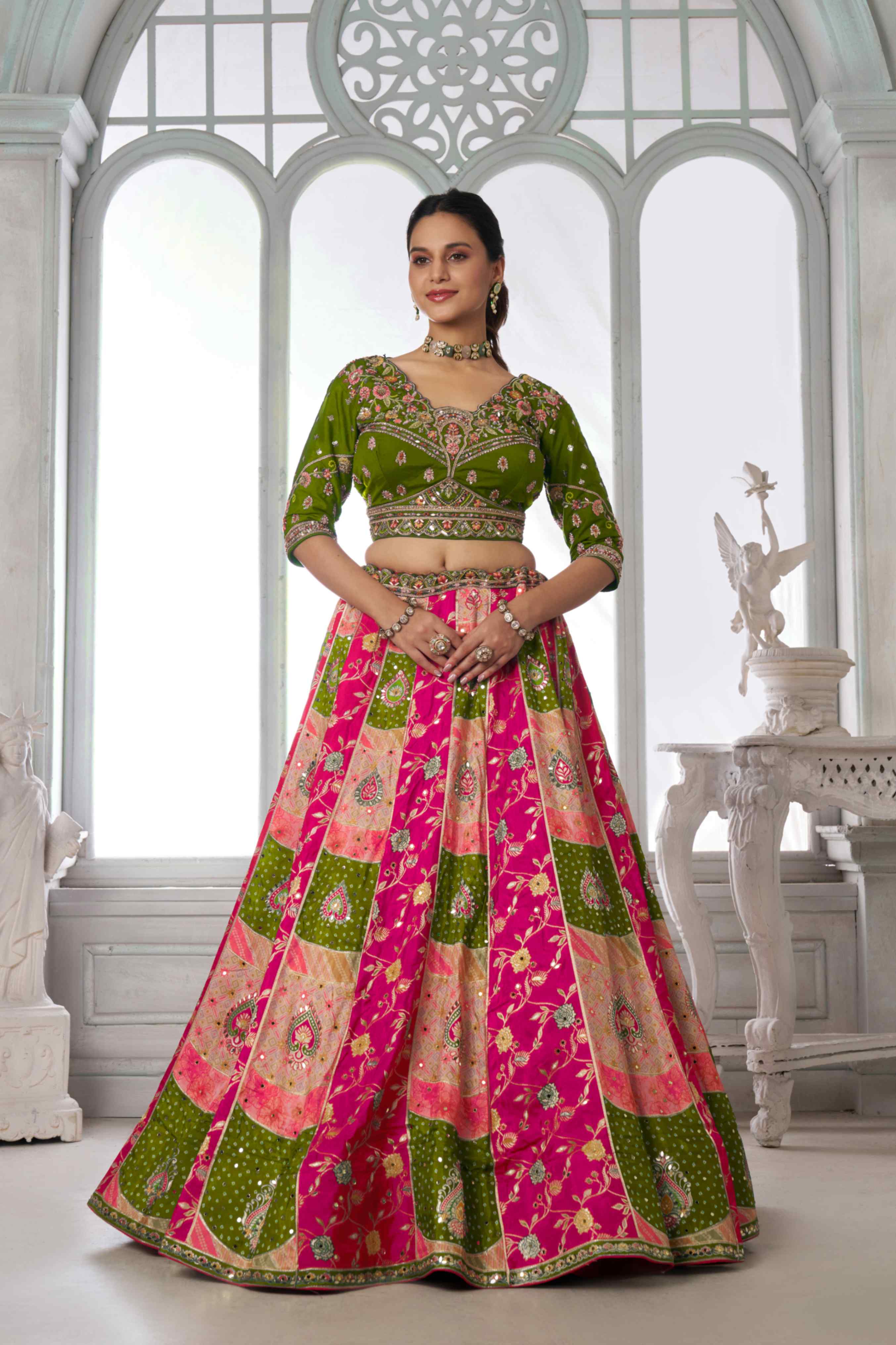 Green Pink Chinon Silk Embroidered Lehenga Choli