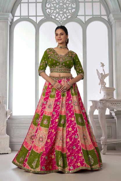 Green Pink Chinon Silk Embroidered Lehenga Choli