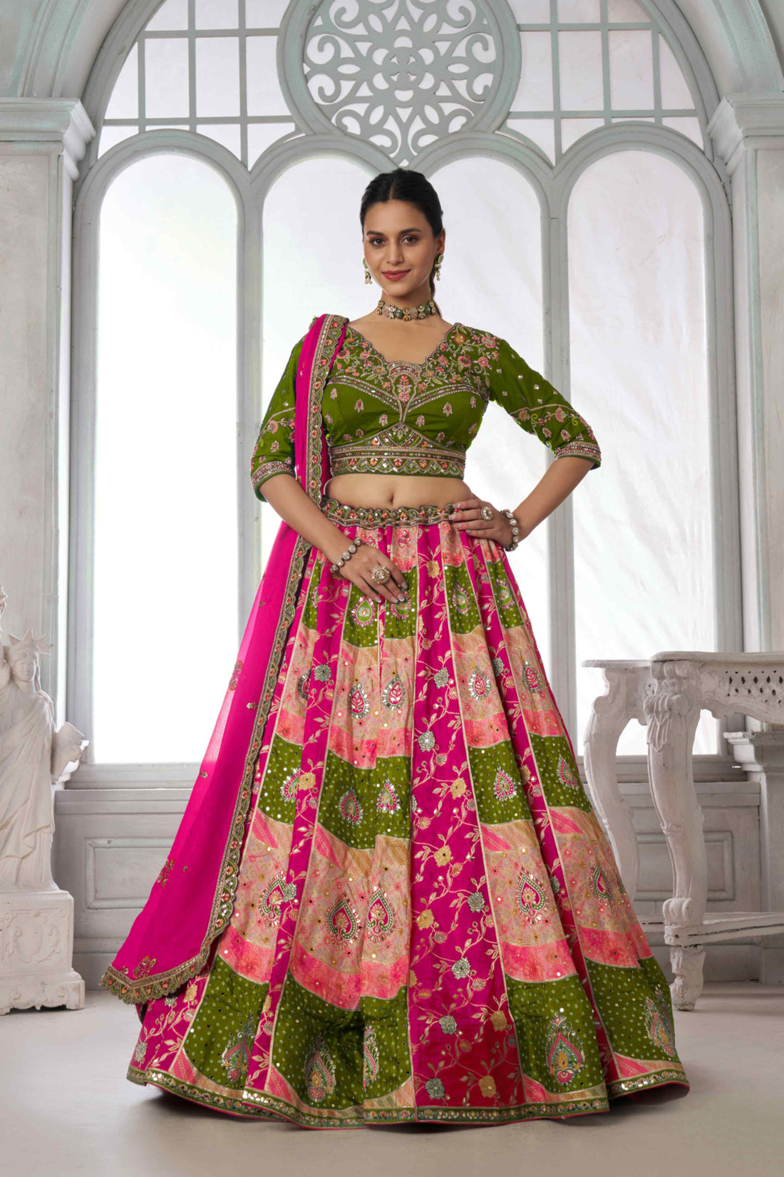 Green Pink Chinon Silk Embroidered Lehenga Choli