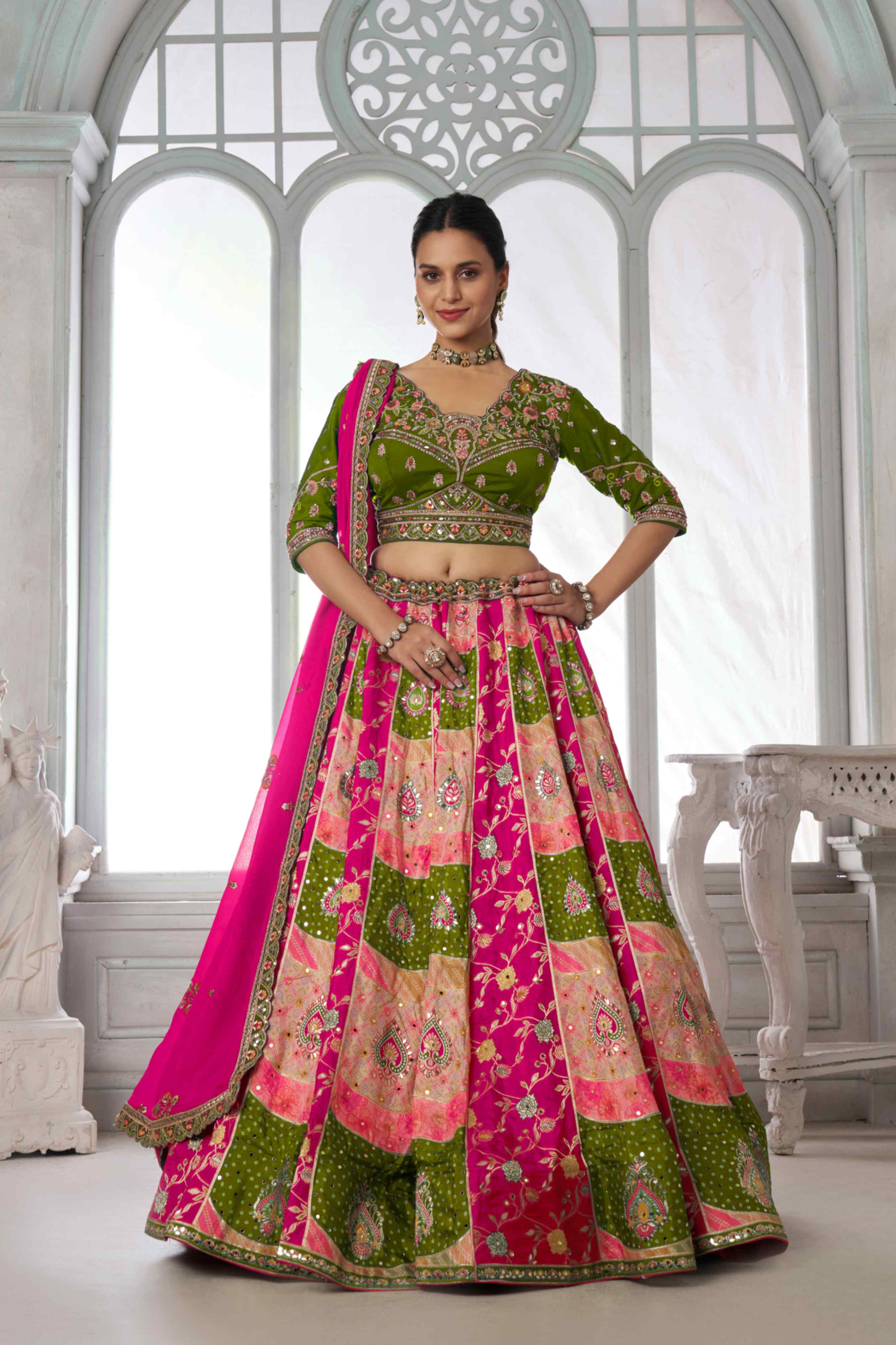 Green Pink Chinon Silk Embroidered Lehenga Choli