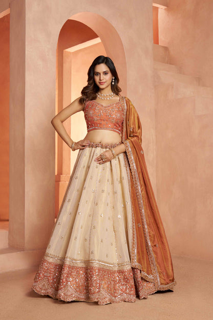 Peach Beige Kanjivaram Tissue Silk Embroidered Lehenga Choli
