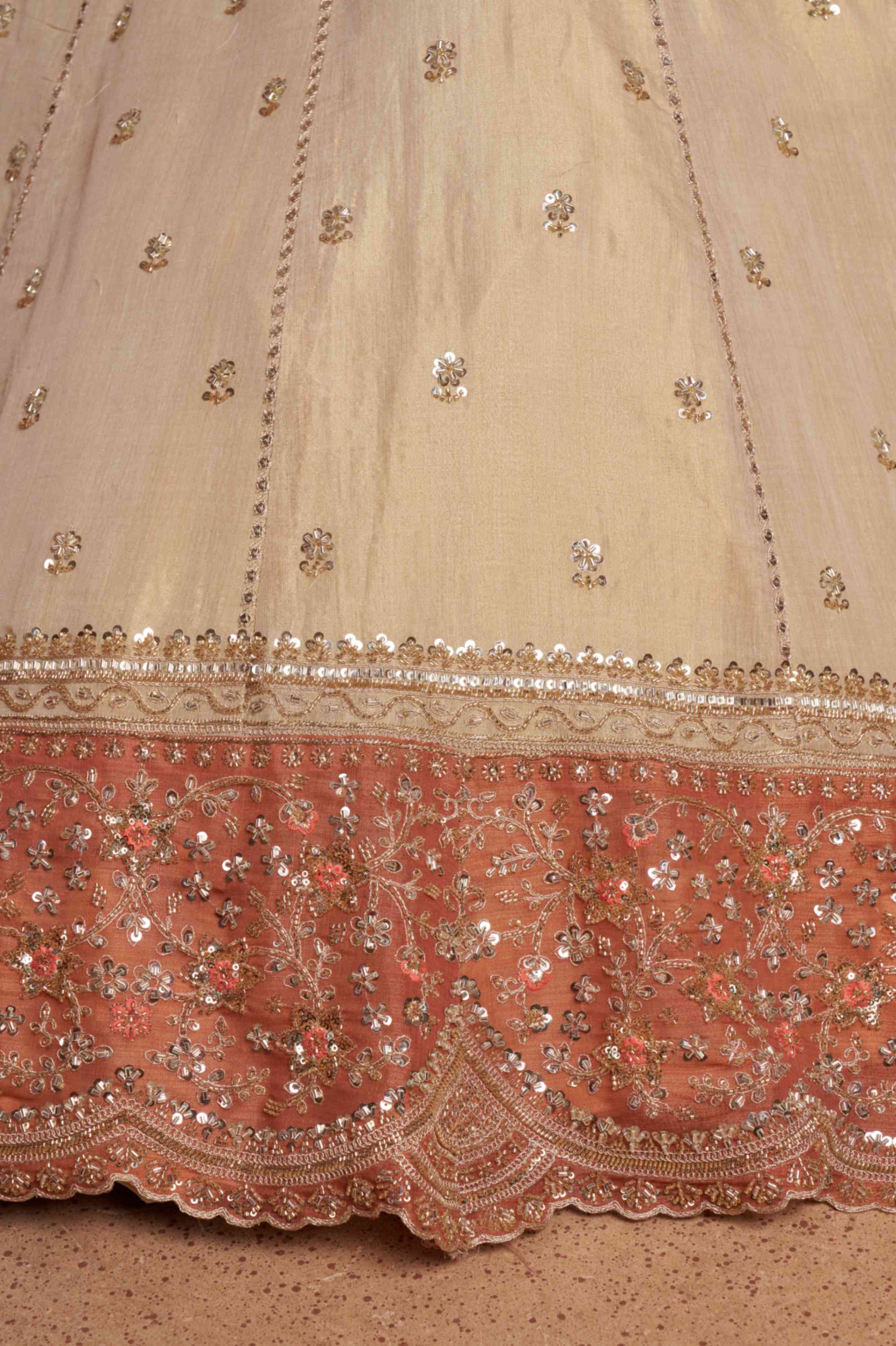 Peach Beige Kanjivaram Tissue Silk Embroidered Lehenga Choli
