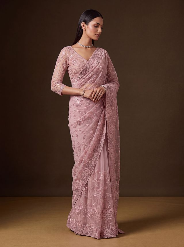 Pink Pure Premium Net Handwork Kasti &amp; Motif Zari Metallic Sequins Work Wedding Saree