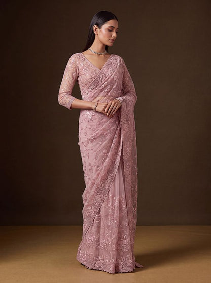 Pink Pure Premium Net Handwork Kasti &amp; Motif Zari Metallic Sequins Work Wedding Saree