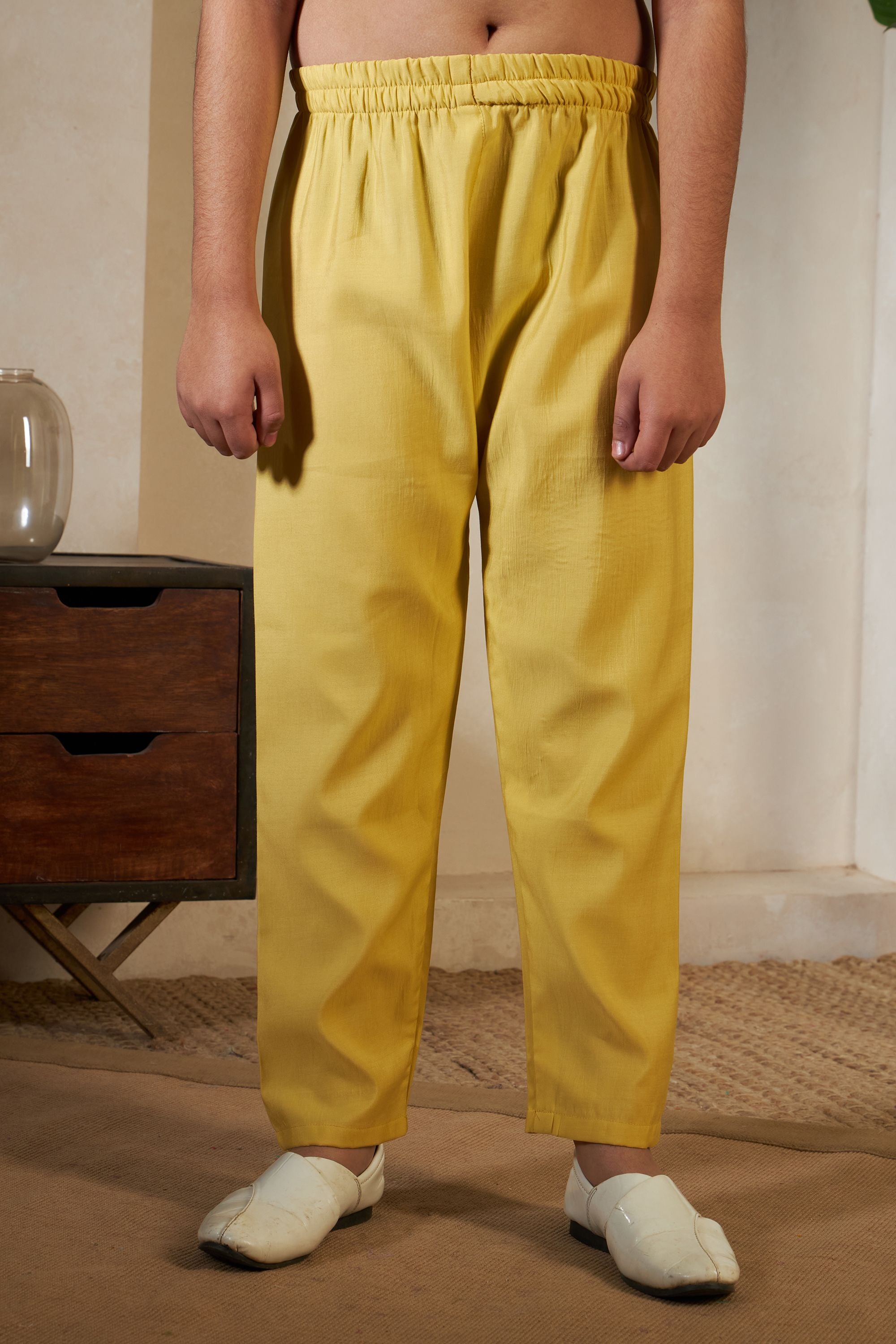 Yellow Pure Viscose Silk Silk Kids Boy Kurta Pajama With Koti Jacket 