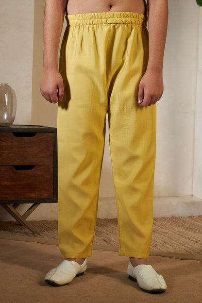 Yellow Pure Viscose Silk Silk Kids Boy Kurta Pajama With Koti Jacket 