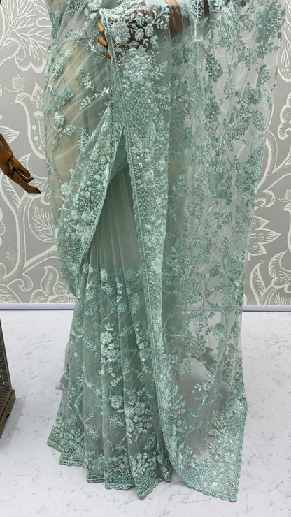 Sea Green Pure Premium Net Handwork Kasti &amp; Motif Zari Metallic Sequins Work Wedding Saree