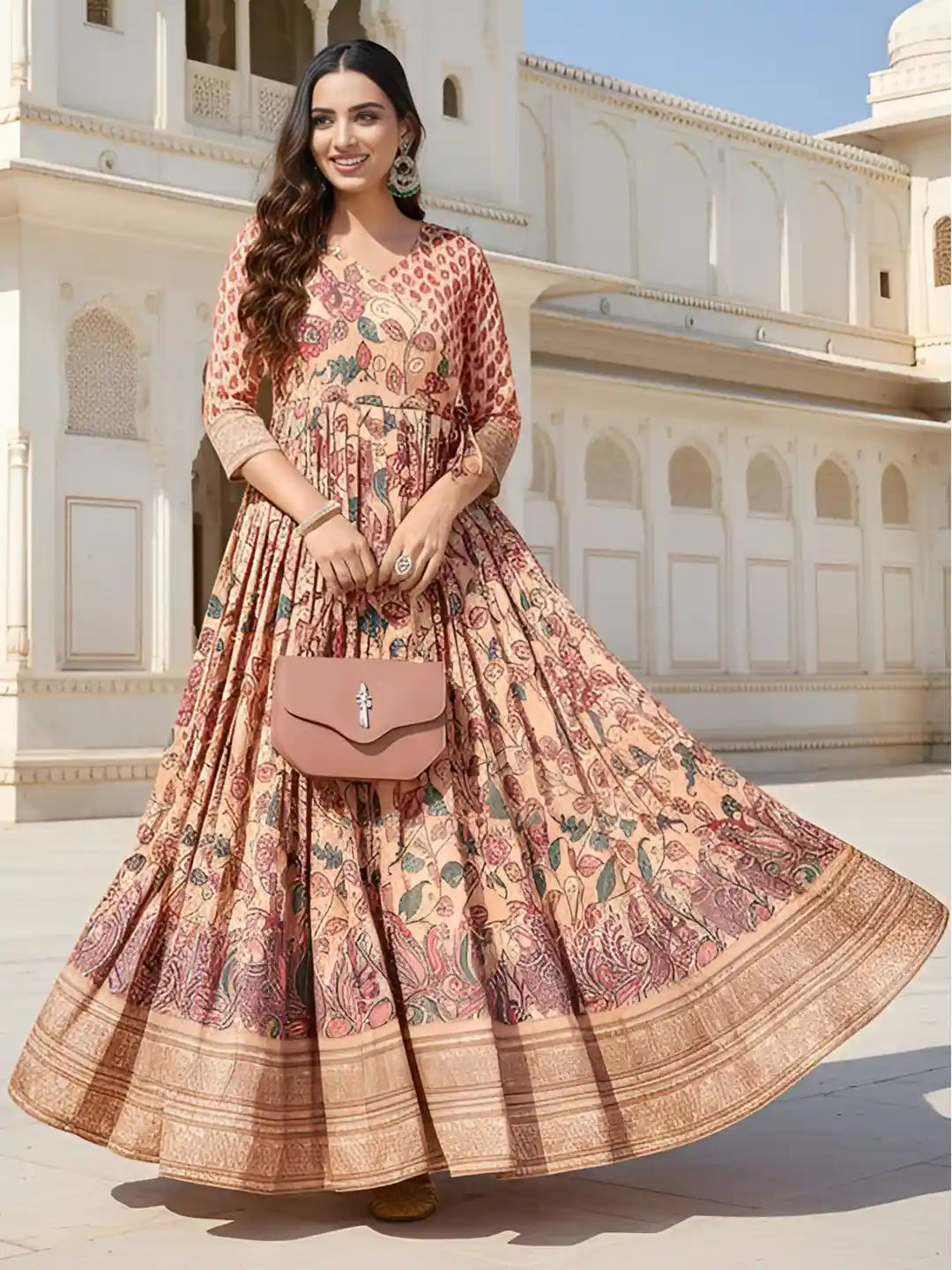 Salmon Peach Pure Silk Blend Kalamkari Anarkali Gown Anarkali Gown Anant Tex Exports Pvt.Ltd..