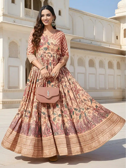 Salmon Peach Pure Silk Blend Kalamkari Anarkali Gown Anarkali Gown Anant Tex Exports Pvt.Ltd..