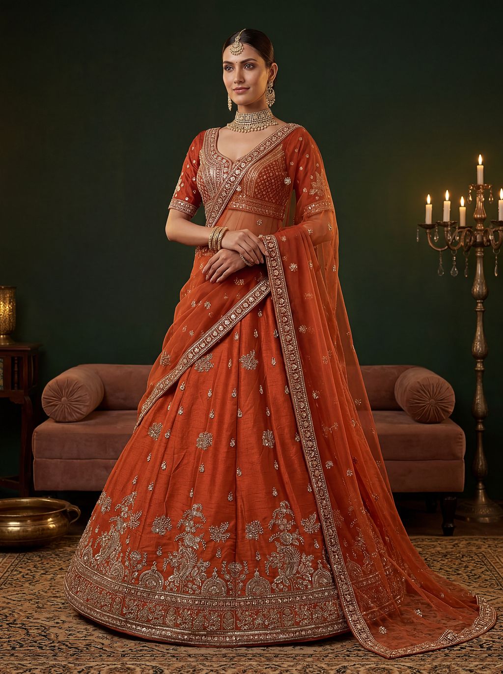 Orange Pure Soft Gadwal Silk Heavy Embroidery Work Bridal Lehenga Choli 