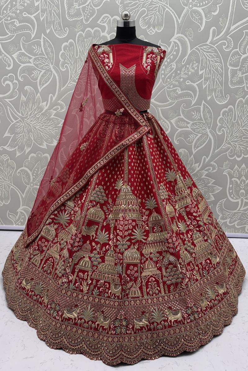 Red Pure Soft Net Heavy Embroidery Work Bridal Lehenga