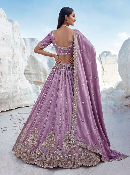 Lilac Pure Soft Silk Heavy Sequins Embellishment Work Bridal Lehenga Choli 