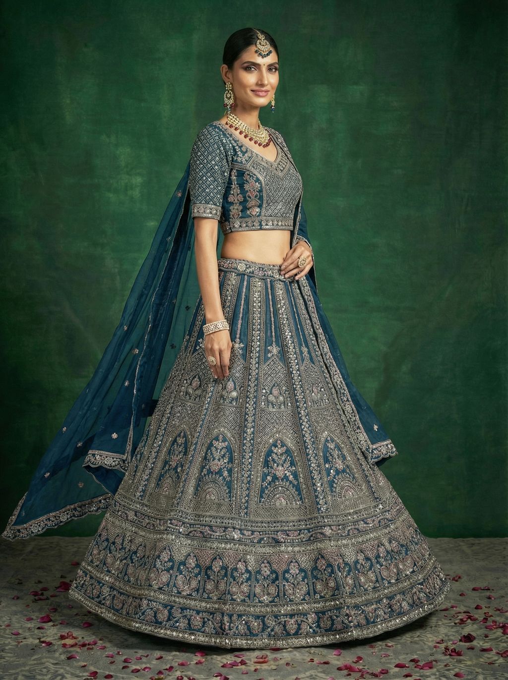 Midnight Blue Pure Soft Satin Silk Heavy Embroidery Work Bridal Lehenga