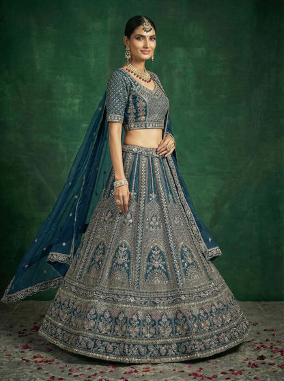 Midnight Blue Pure Soft Satin Silk Heavy Embroidery Work Bridal Lehenga
