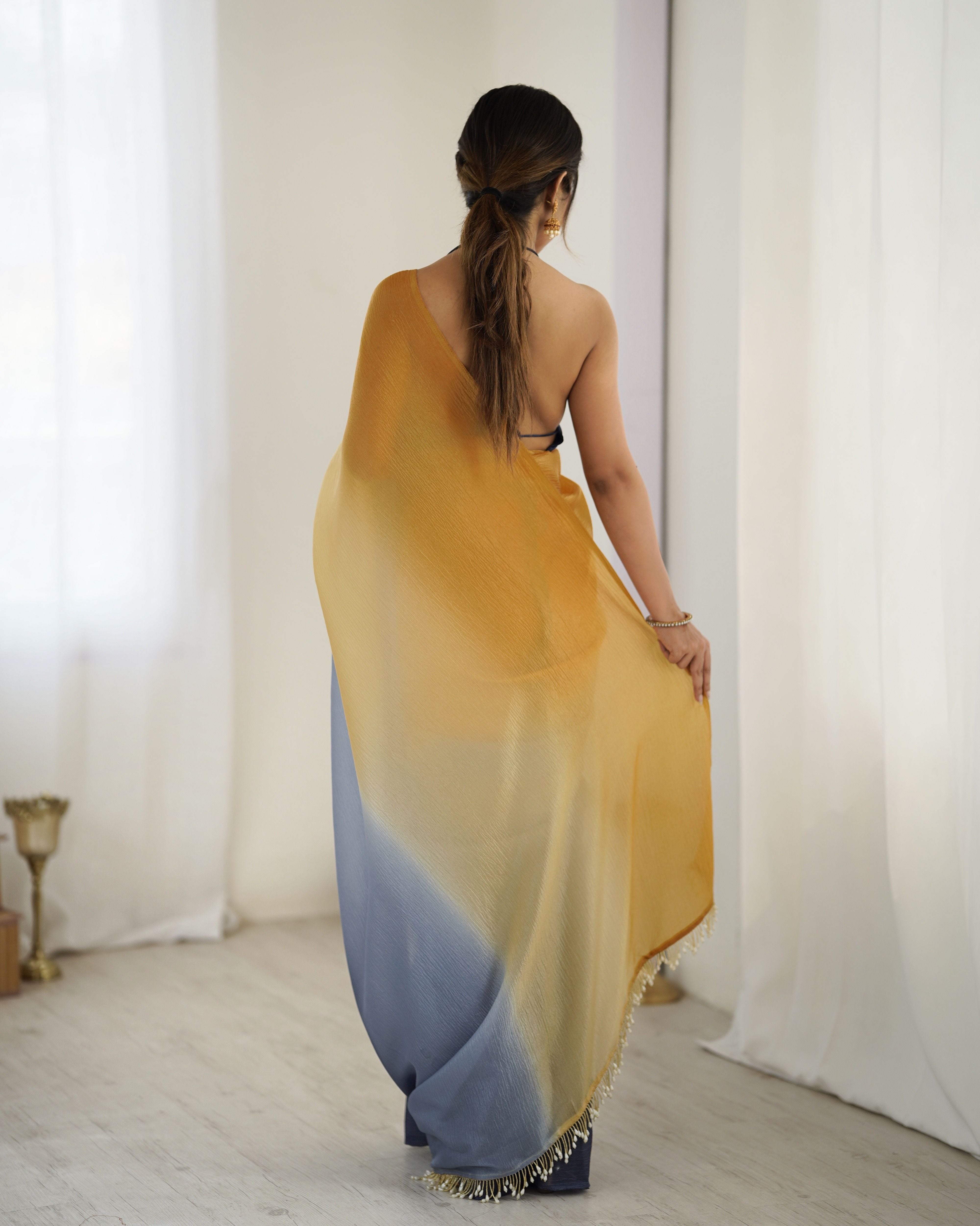 Yellow shaded Pure Soft Candy Crush Silk Ready to Wear Saree ##color## Ready to Wear Saree with premium fabric and embroidery