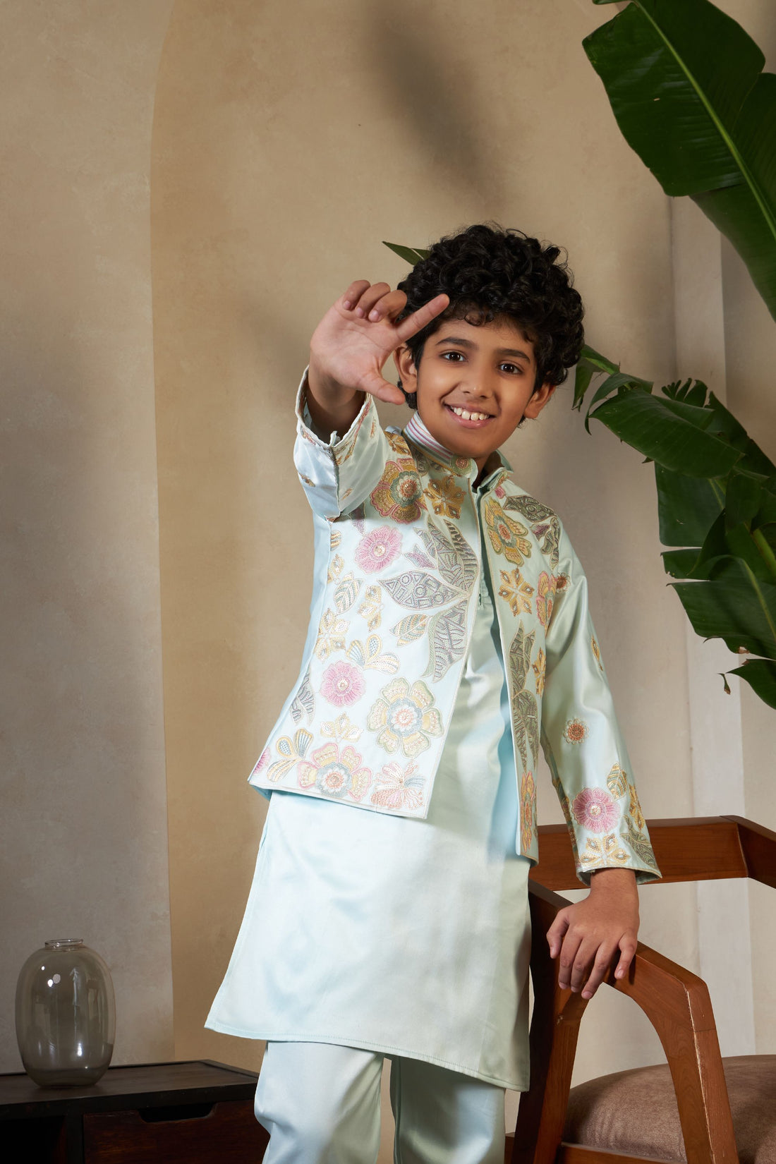 Pista Pure Satin Silk Kids Boy Kurta Pajama With Koti Jacket 